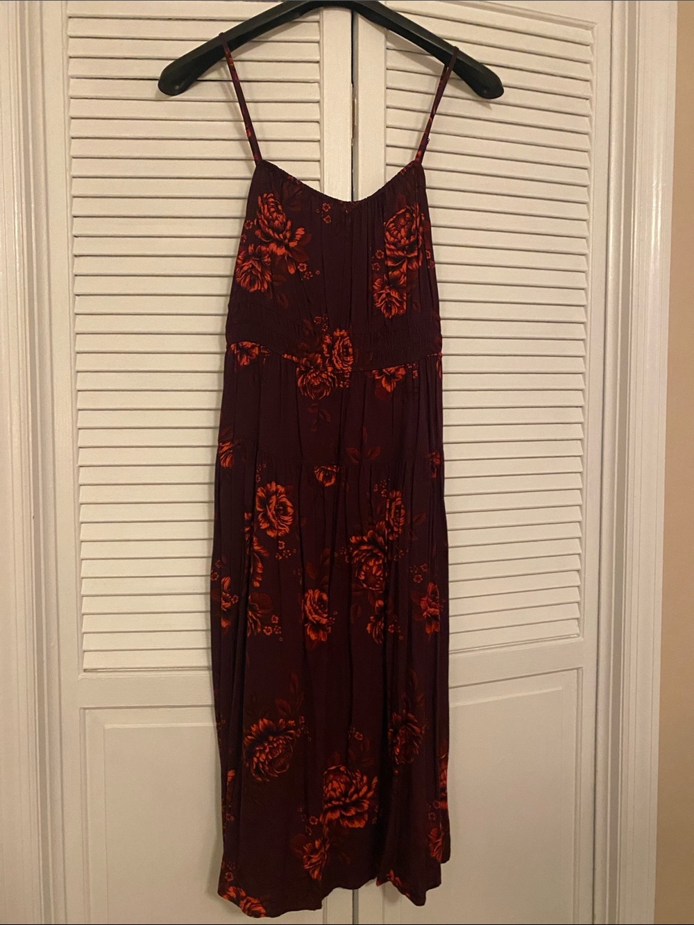 Old Navy Burgundy Midi Slip Dress with Orange Floral Print